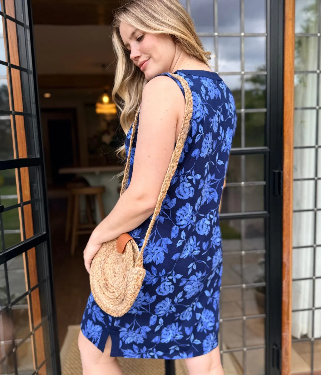 Navy Floral Jersey Notch Neck Dress - Image 3