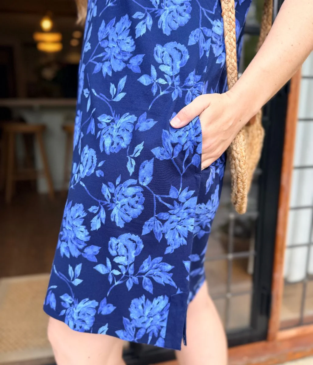 Navy Floral Jersey Notch Neck Dress - Image 4