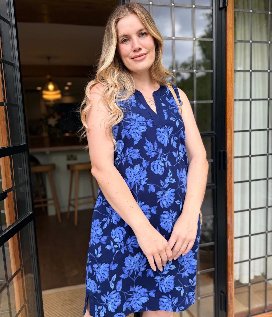 Navy Floral Jersey Notch Neck Dress - Image 5