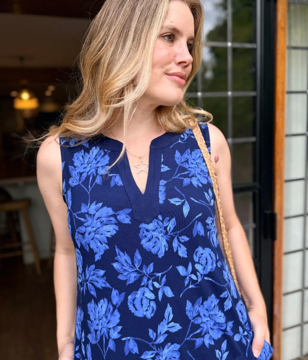 Navy Floral Jersey Notch Neck Dress - Image 6