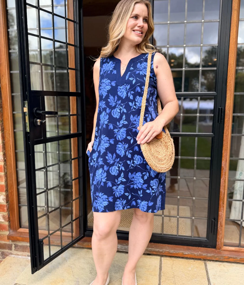 Navy Floral Jersey Notch Neck Dress - Image 7