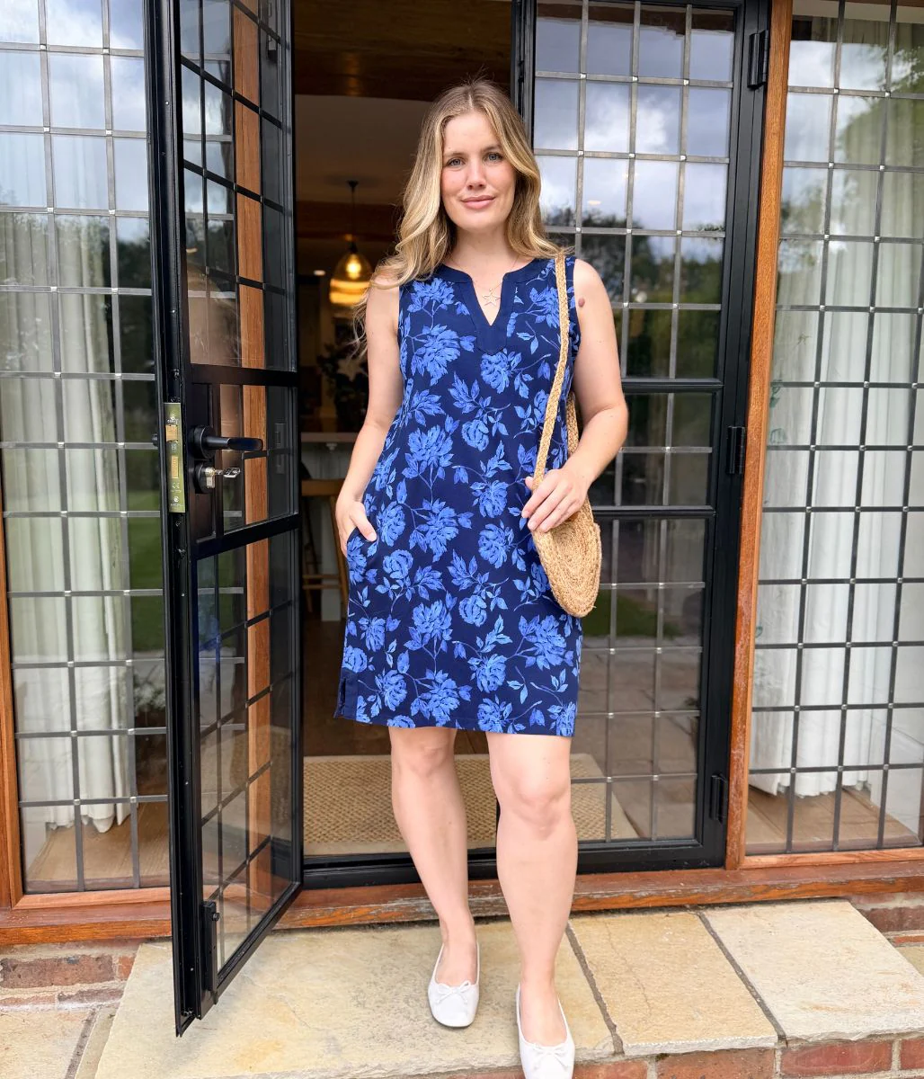 Navy Floral Jersey Notch Neck Dress - Image 8