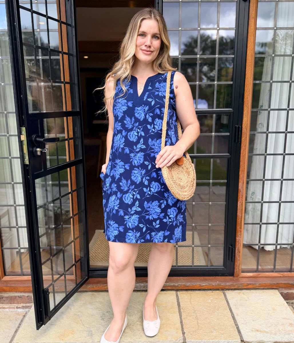 Navy Floral Jersey Notch Neck Dress - Image 9