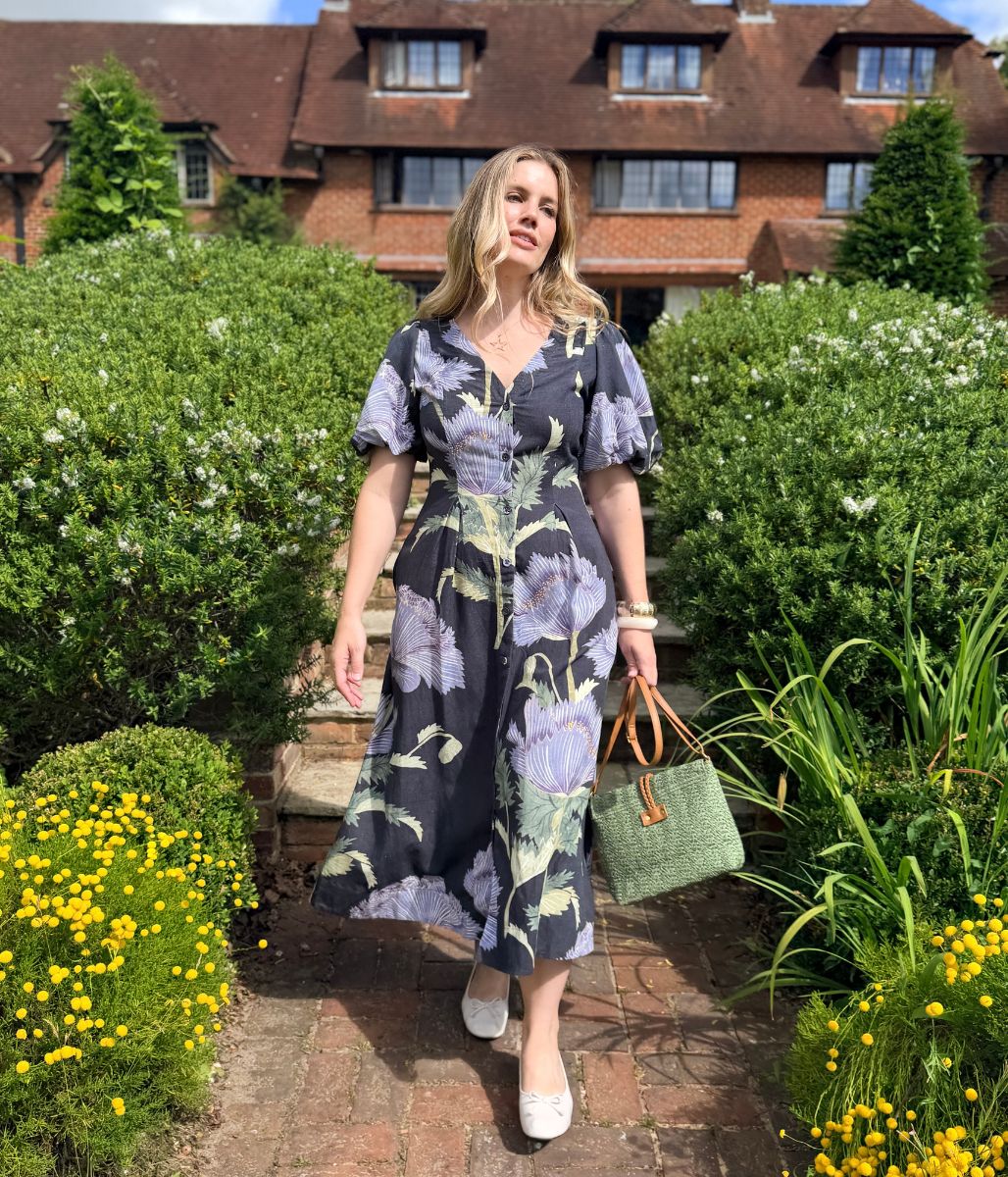 Navy Floral Linen Blend Puff Sleeve Midi Dress - Image 2