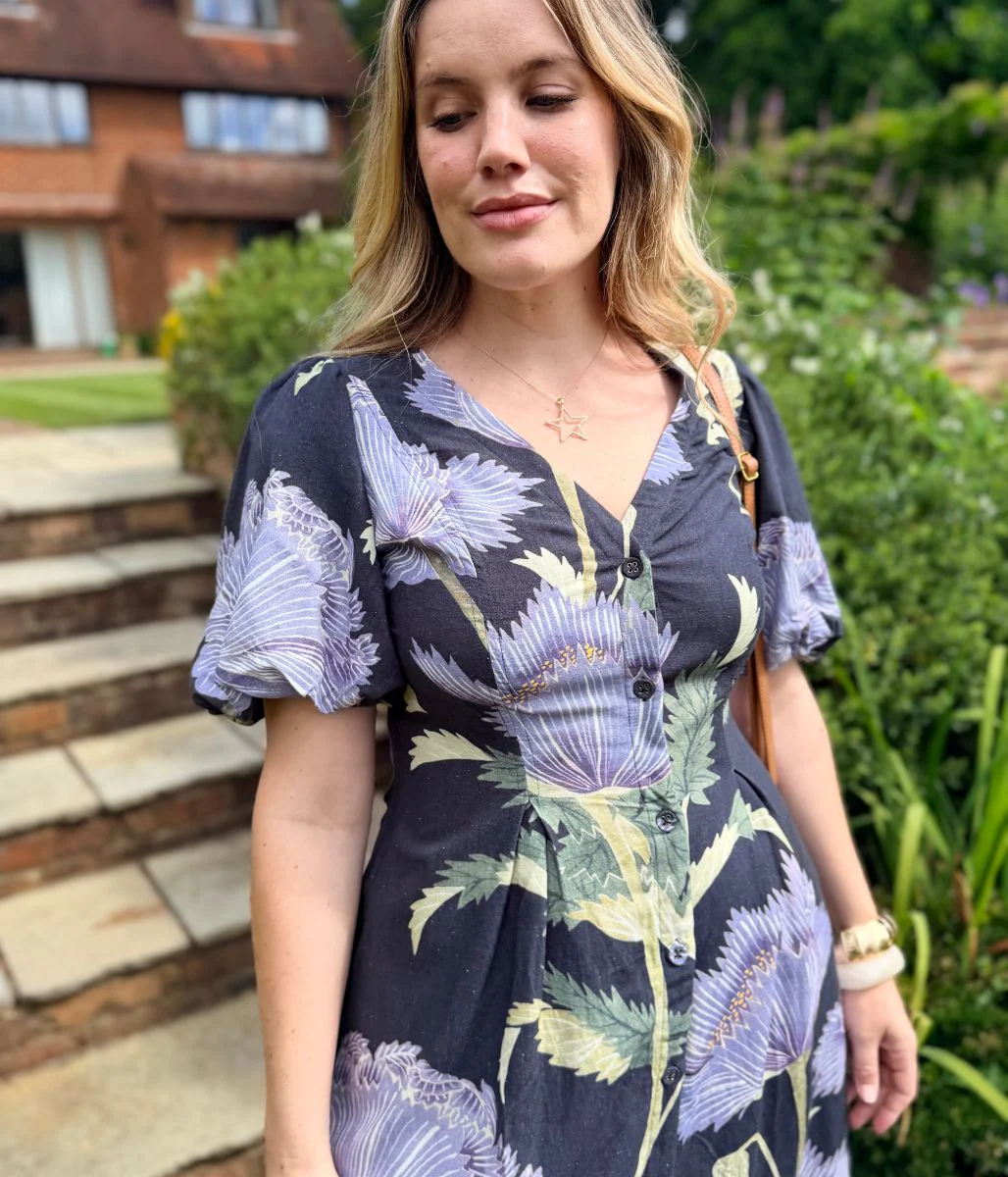 Navy Floral Linen Blend Puff Sleeve Midi Dress - Image 3