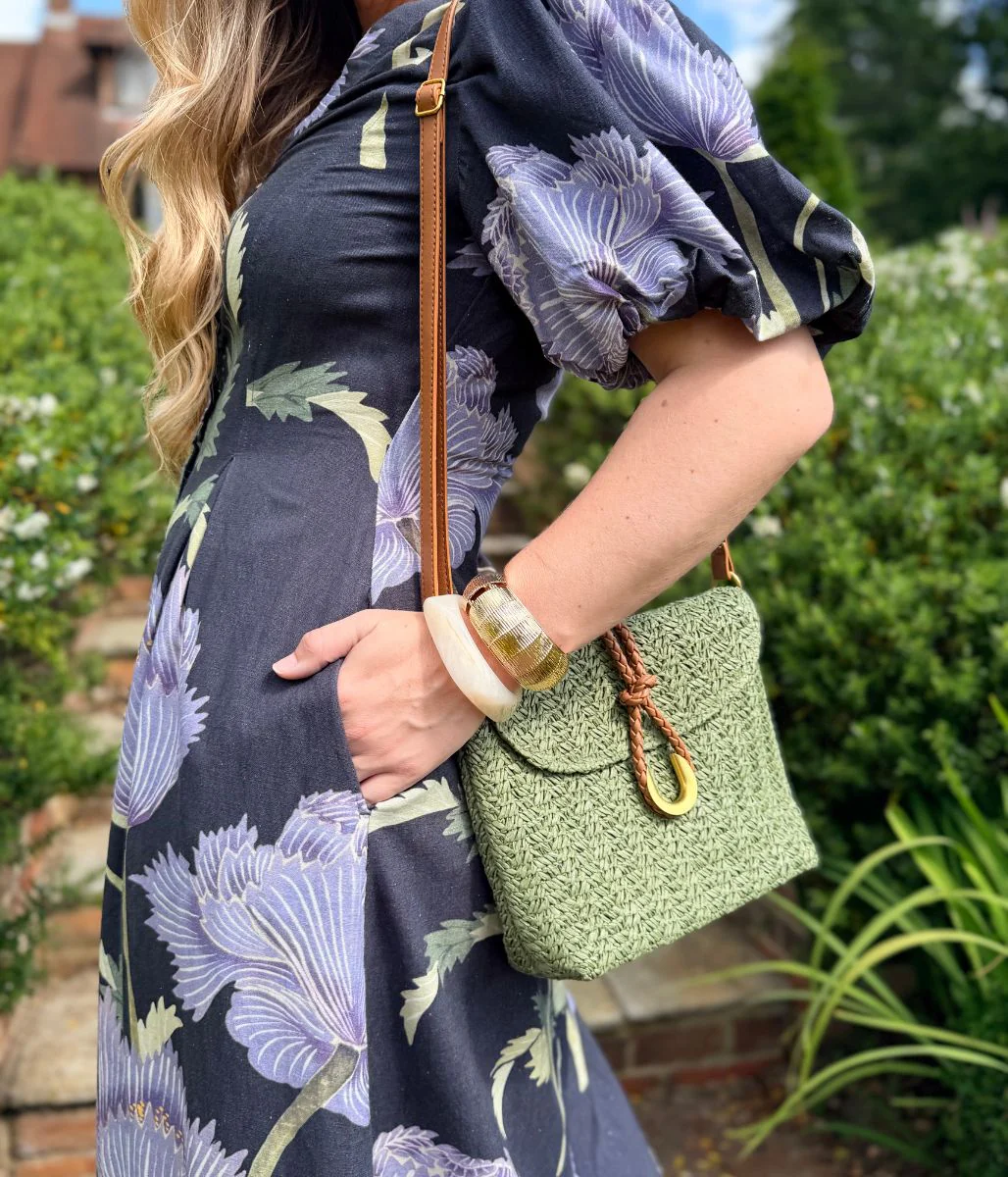 Navy Floral Linen Blend Puff Sleeve Midi Dress - Image 4