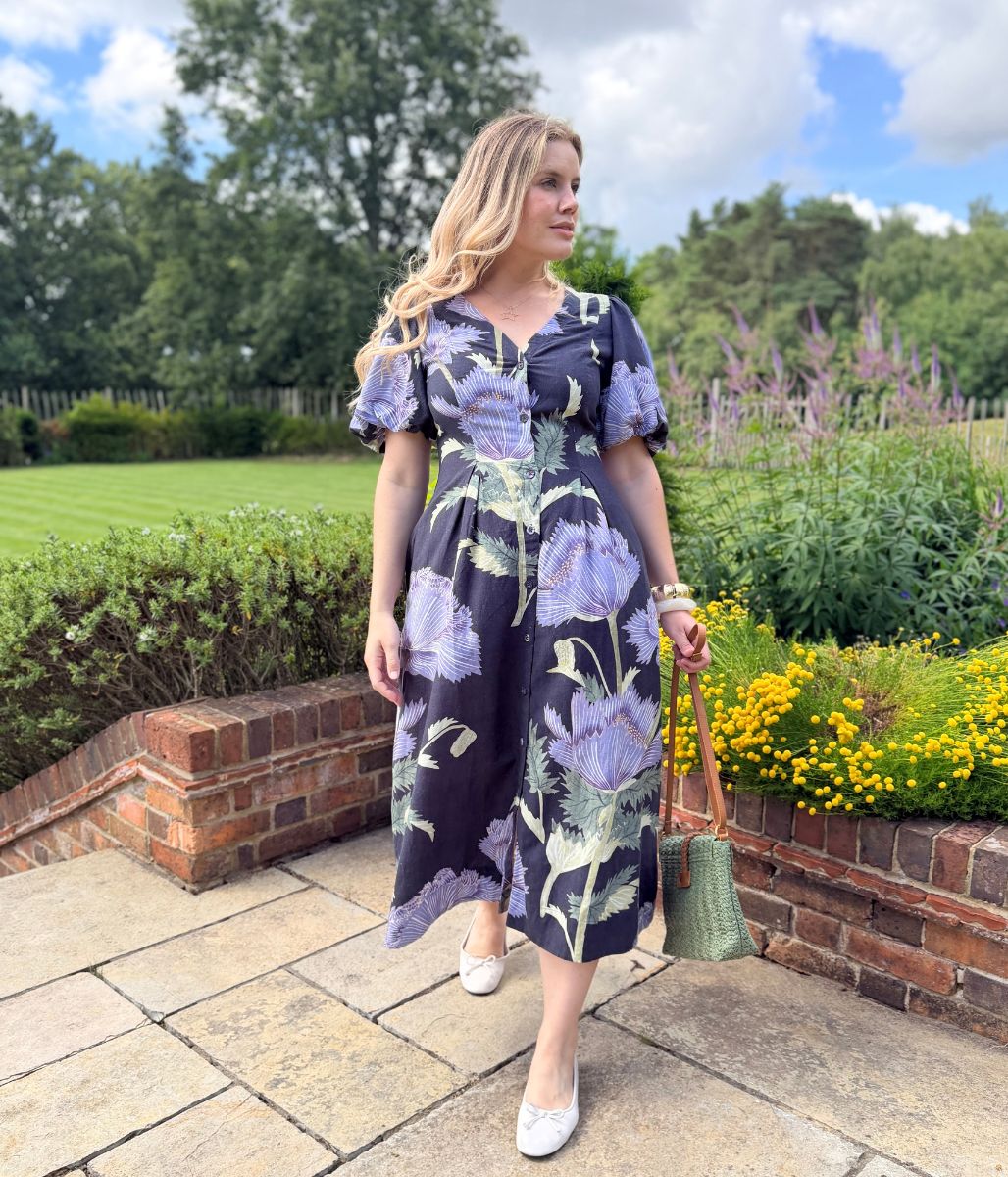 Navy Floral Linen Blend Puff Sleeve Midi Dress - Image 6