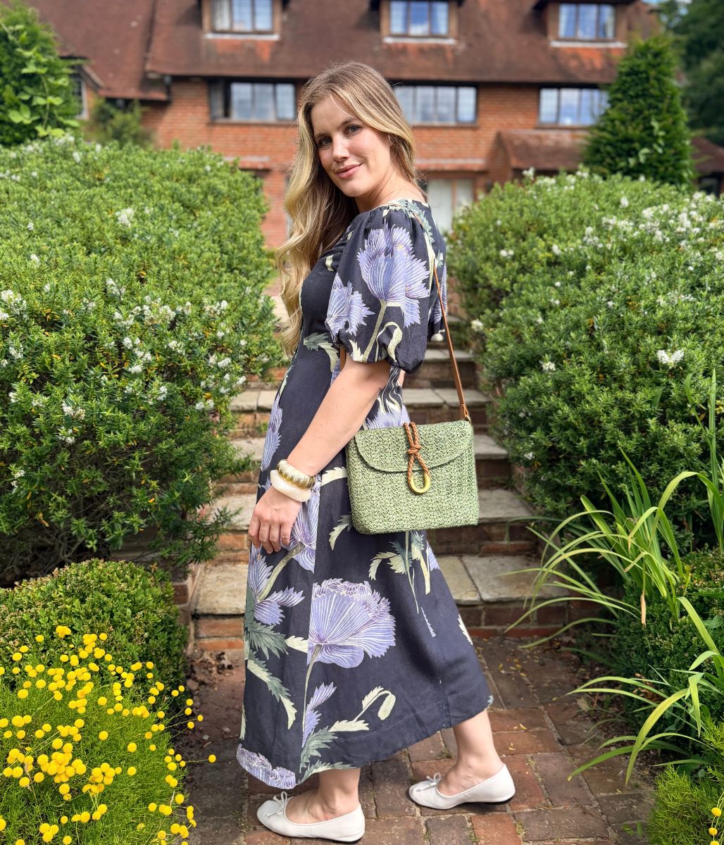 Navy Floral Linen Blend Puff Sleeve Midi Dress - Image 7