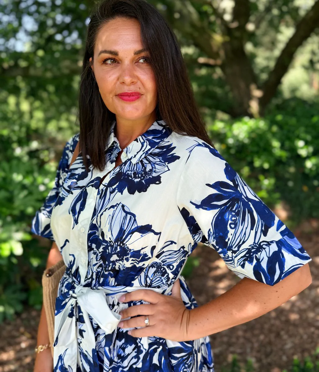 Navy Floral Midi Shirt Dress - Image 7