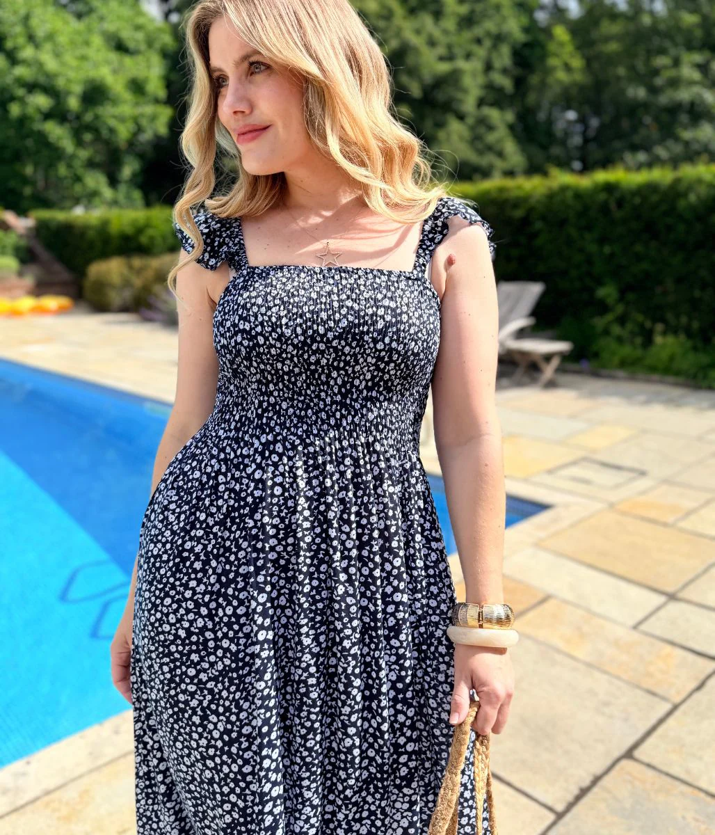 Mitzy Navy Floral Shirred Bodice Midaxi Dress - Image 10