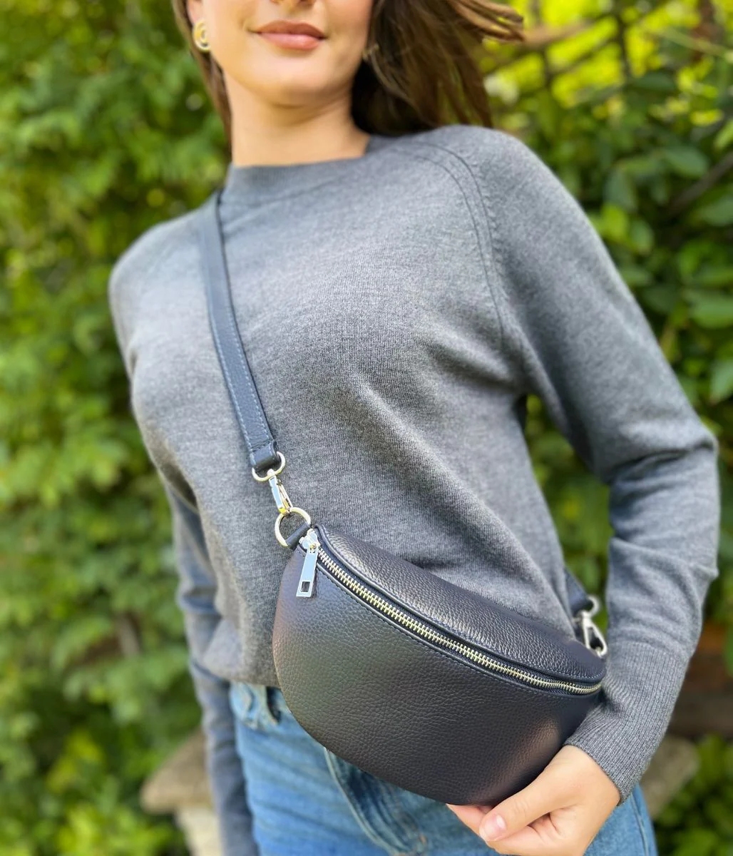 Navy Leather Sling Crossbody Bag - Image 3
