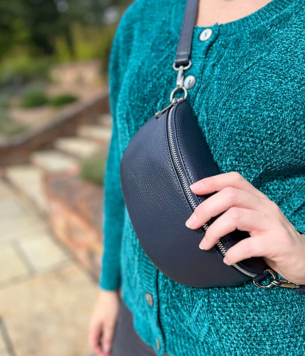 Navy Leather Sling Crossbody Bag - Image 4