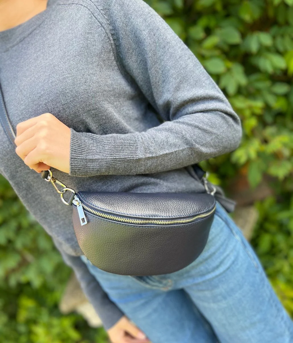 Navy Leather Sling Crossbody Bag - Image 6