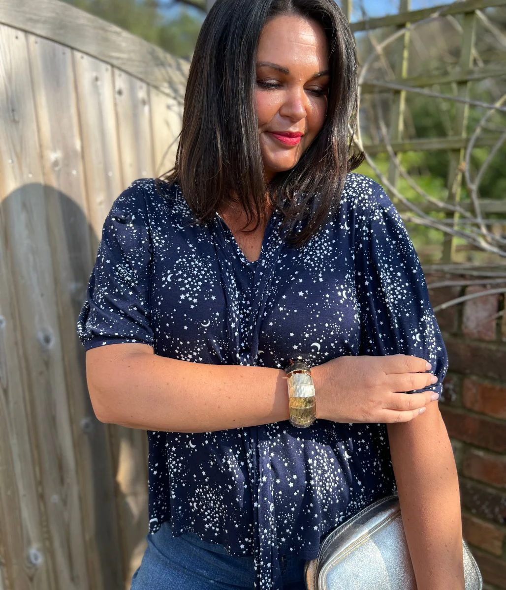 Navy Moon & Stars Tie Neck Top - Image 2