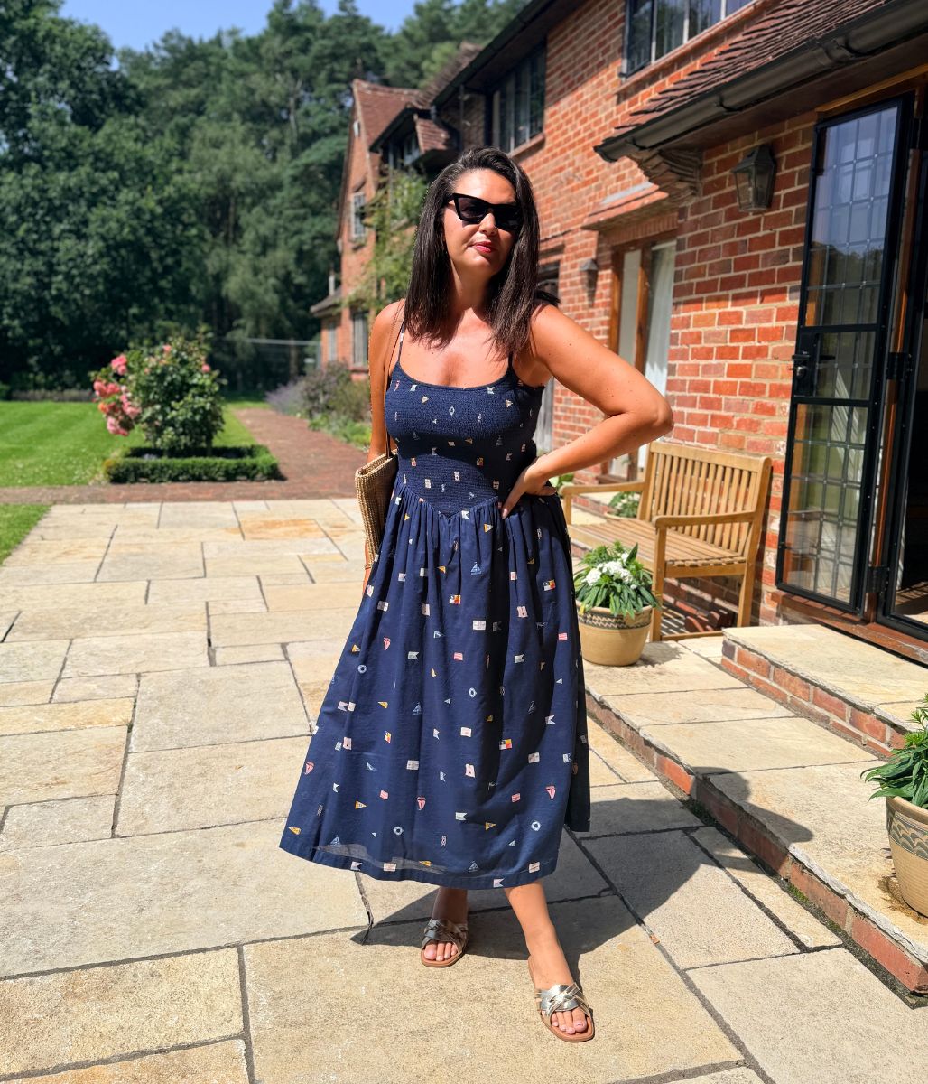 Navy Nautical Print Dipped Waist Smocked Midi Dress