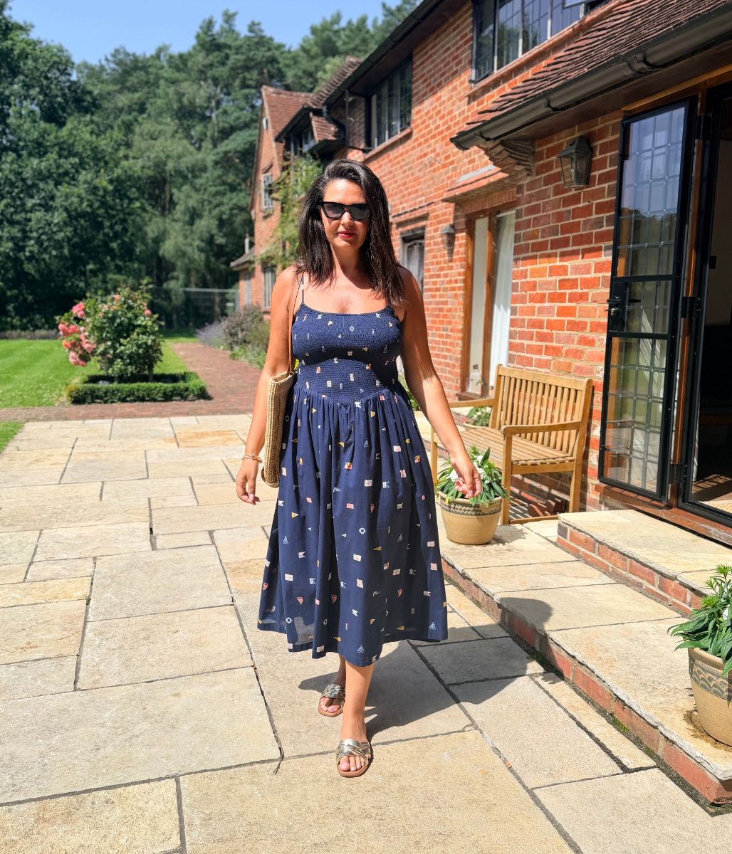 Navy Nautical Print Dipped Waist Smocked Midi Dress - Image 2