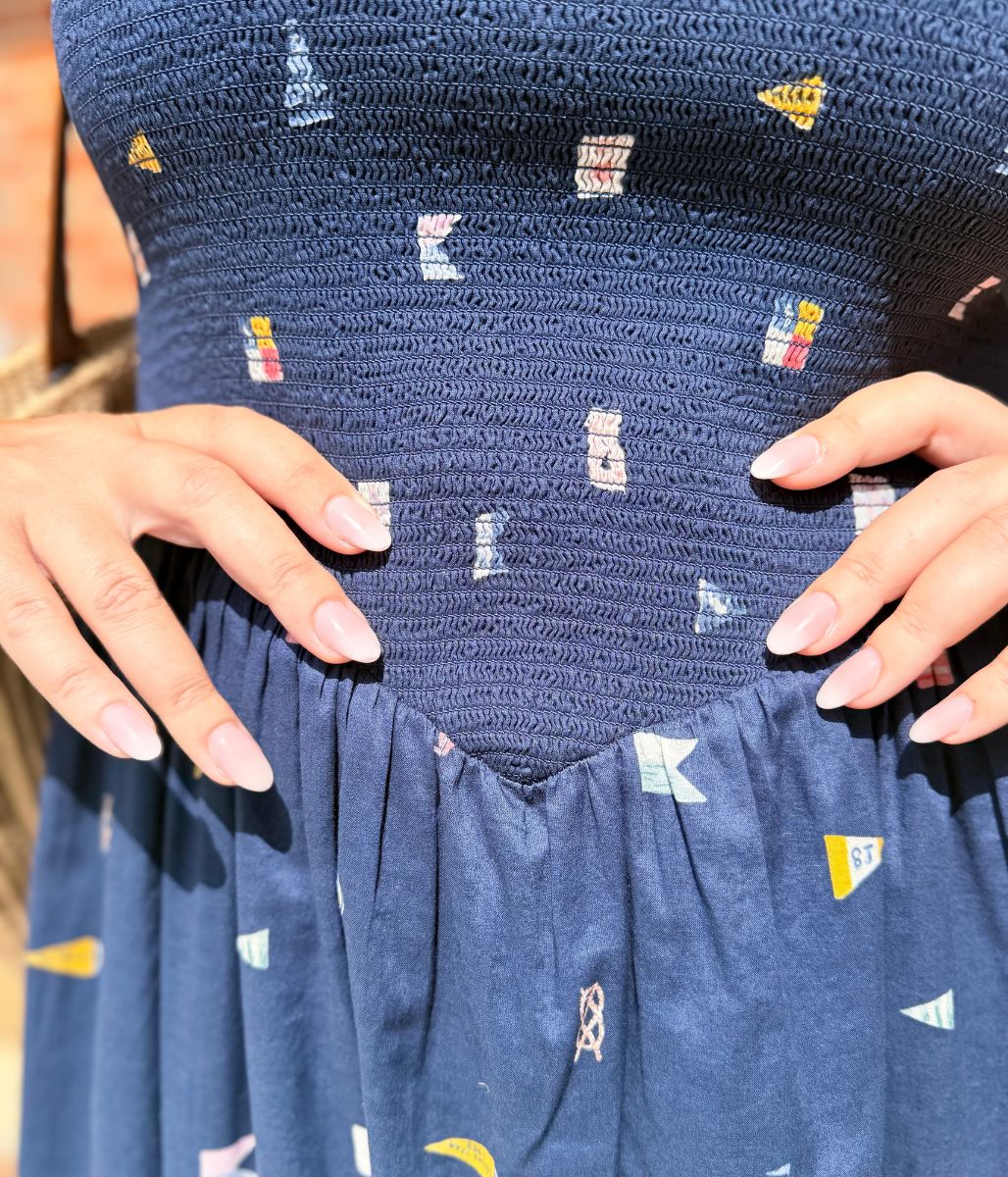 Navy Nautical Print Dipped Waist Smocked Midi Dress - Image 3