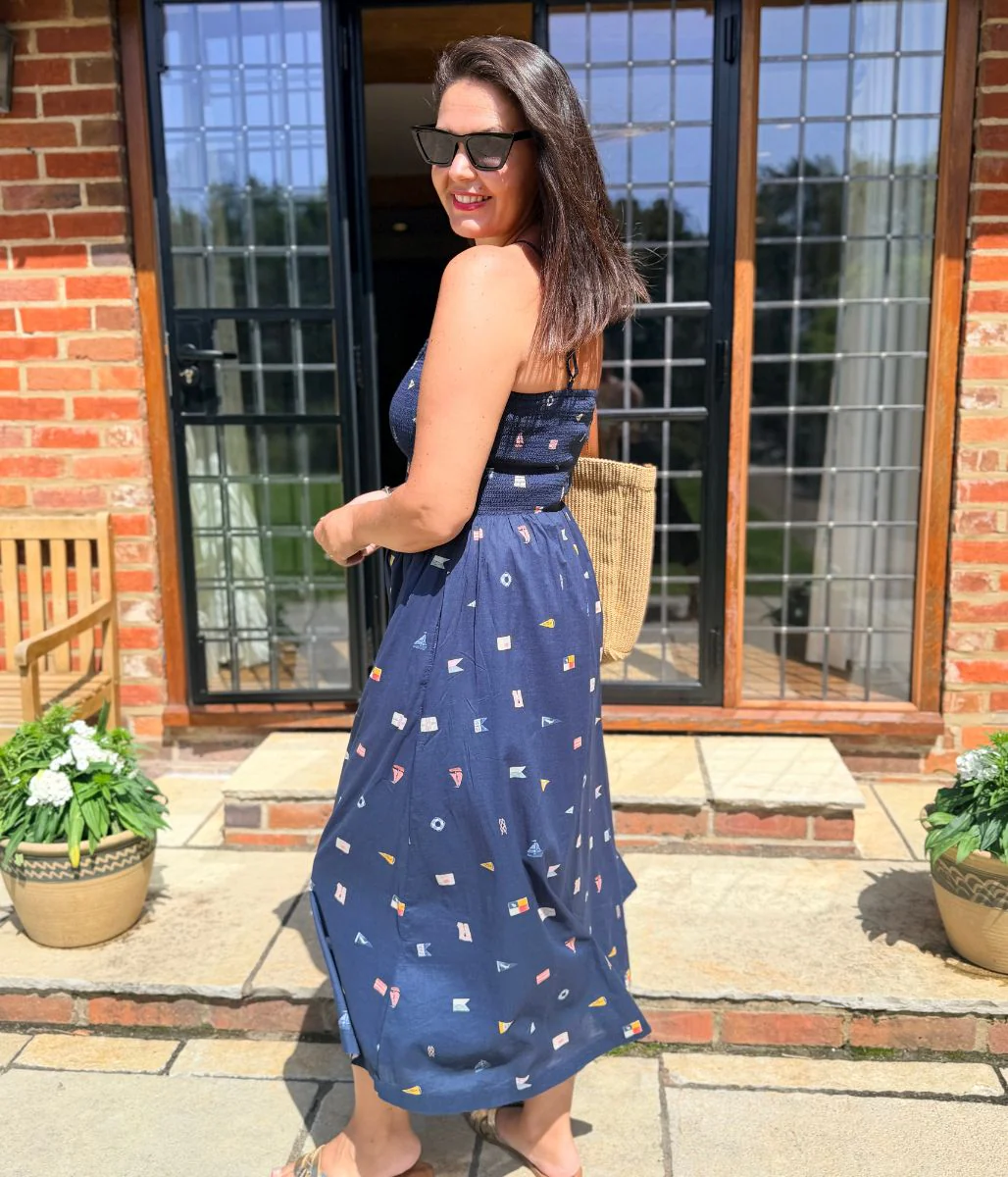 Navy Nautical Print Dipped Waist Smocked Midi Dress - Image 4