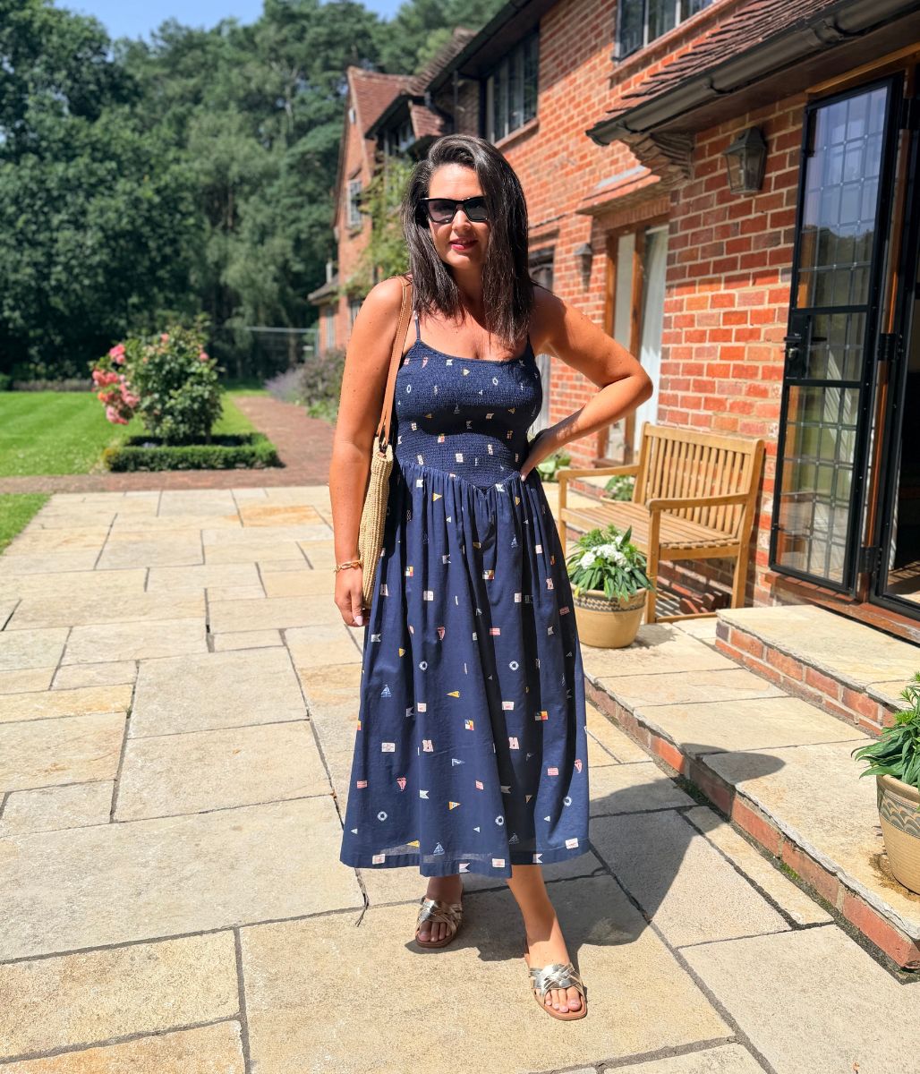 Navy Nautical Print Dipped Waist Smocked Midi Dress - Image 5