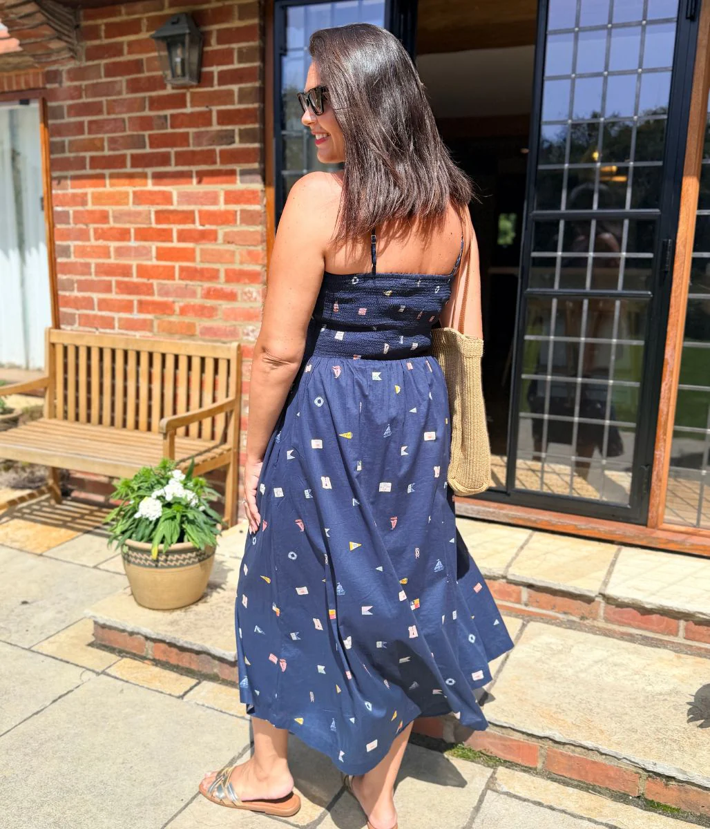 Navy Nautical Print Dipped Waist Smocked Midi Dress - Image 6
