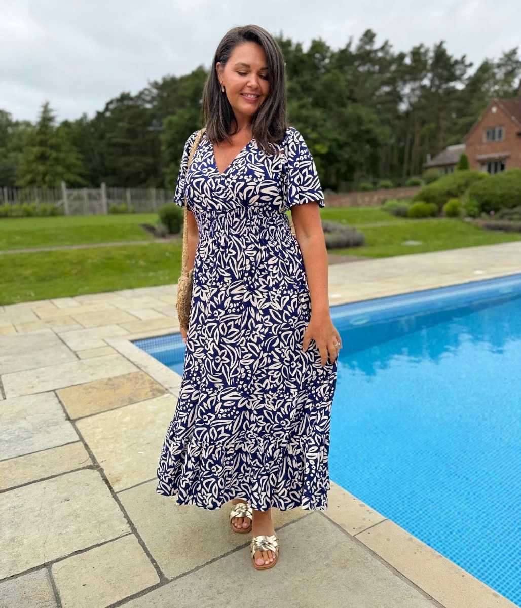 Navy Paloma Shirred Waist Midi Dress - Image 15