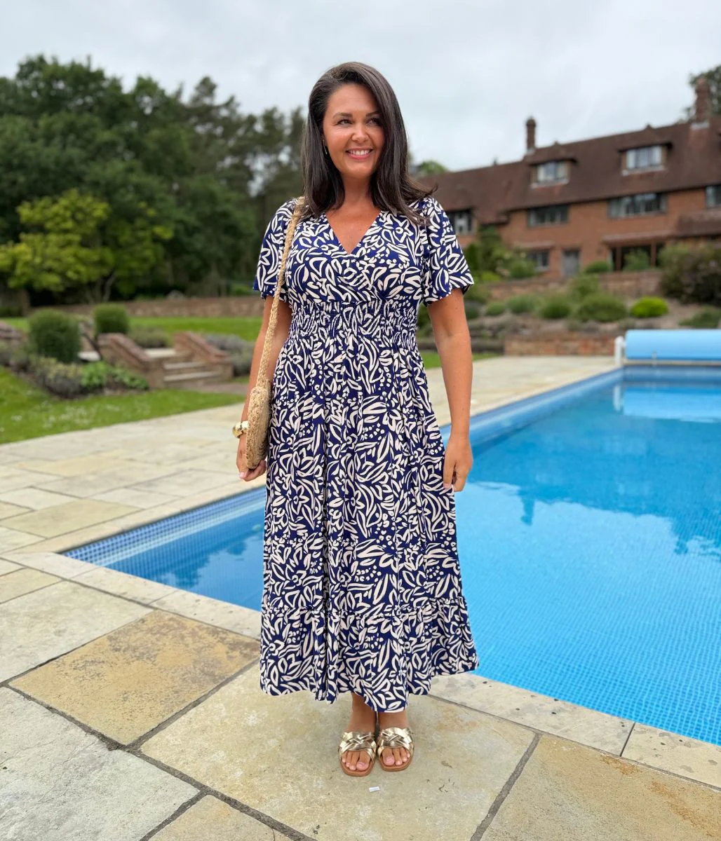 Navy Paloma Shirred Waist Midi Dress - Image 19