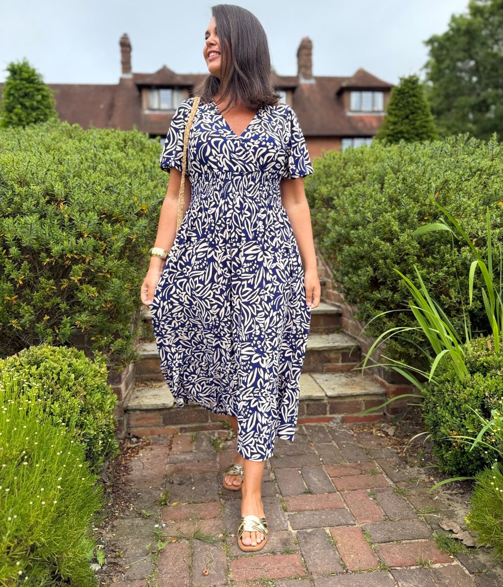 Navy Paloma Shirred Waist Midi Dress - Image 7