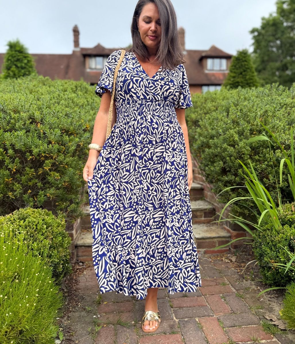 Navy Paloma Shirred Waist Midi Dress - Image 9