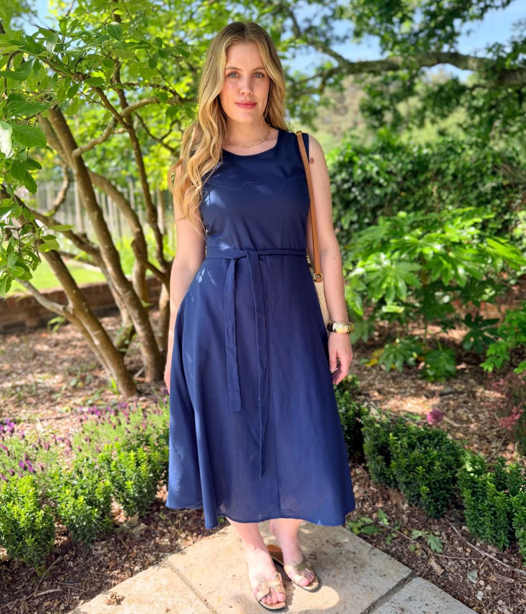 Navy Sleeveless Belted Linen Blend Midi Dress - Image 10