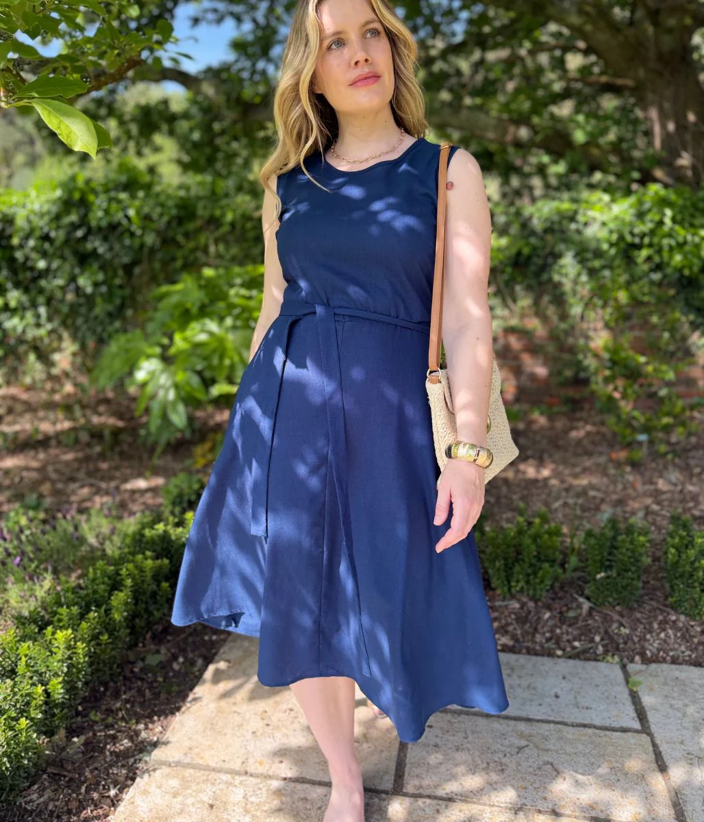 Navy Sleeveless Belted Linen Blend Midi Dress - Image 2