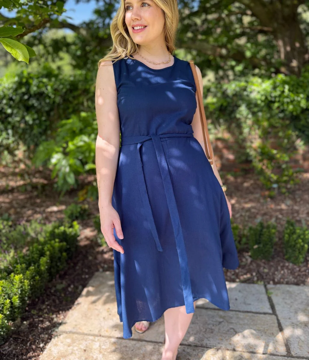 Navy Sleeveless Belted Linen Blend Midi Dress - Image 3