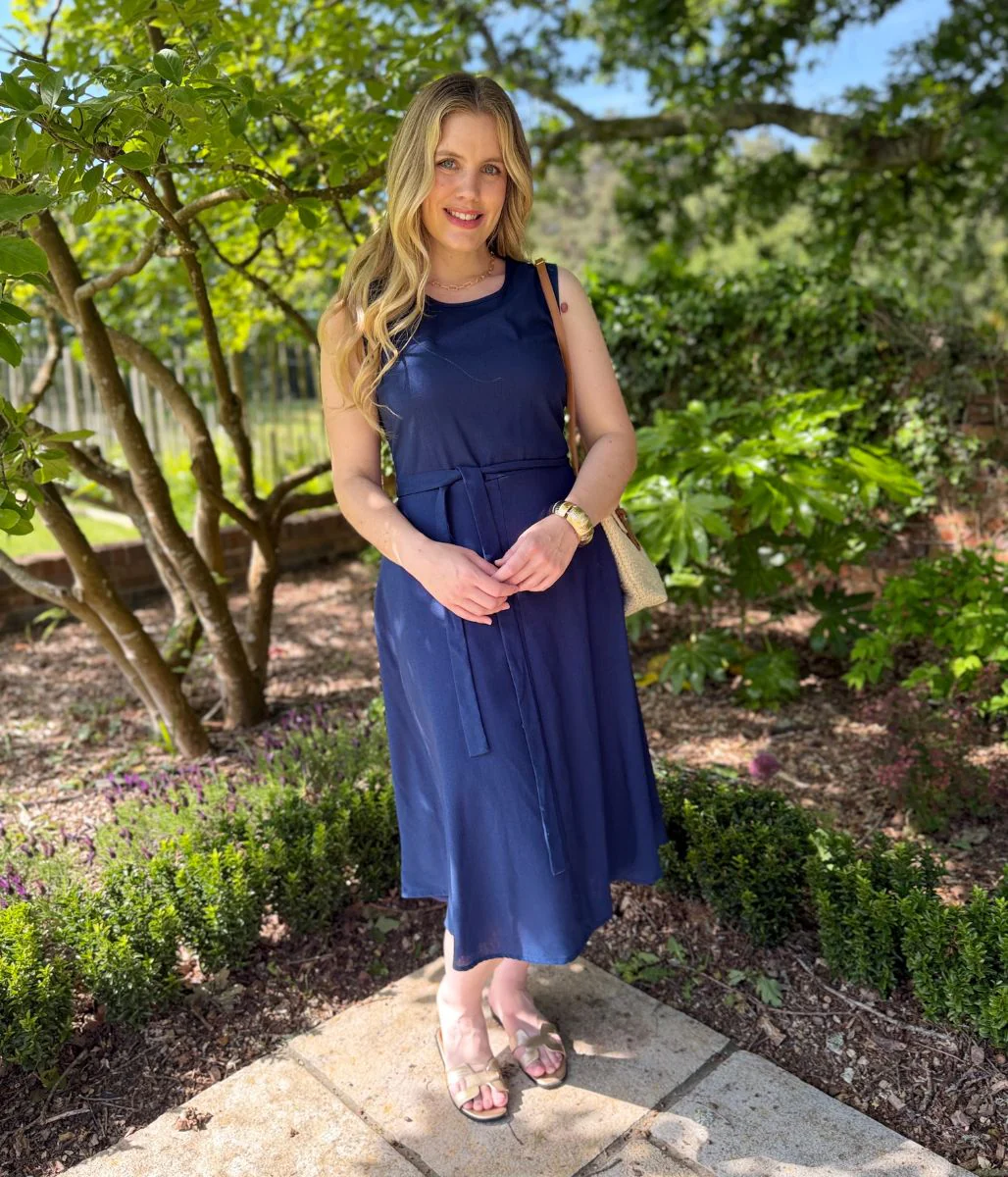 Navy Sleeveless Belted Linen Blend Midi Dress - Image 4