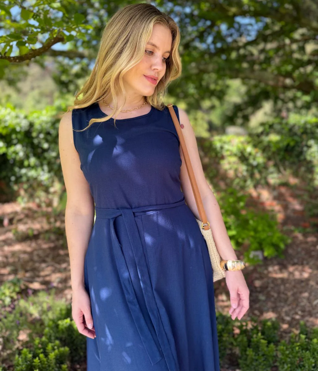 Navy Sleeveless Belted Linen Blend Midi Dress - Image 5