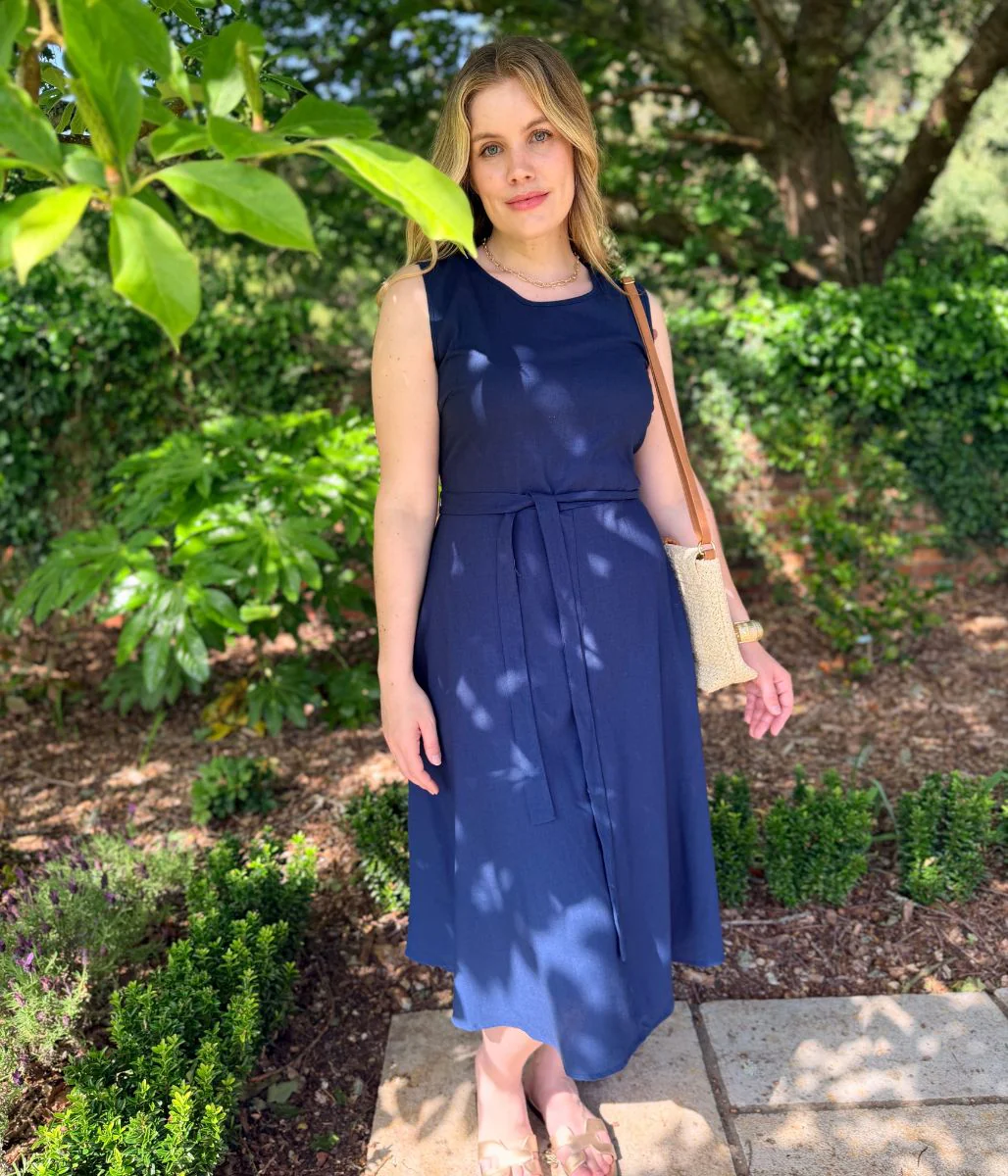 Navy Sleeveless Belted Linen Blend Midi Dress - Image 6