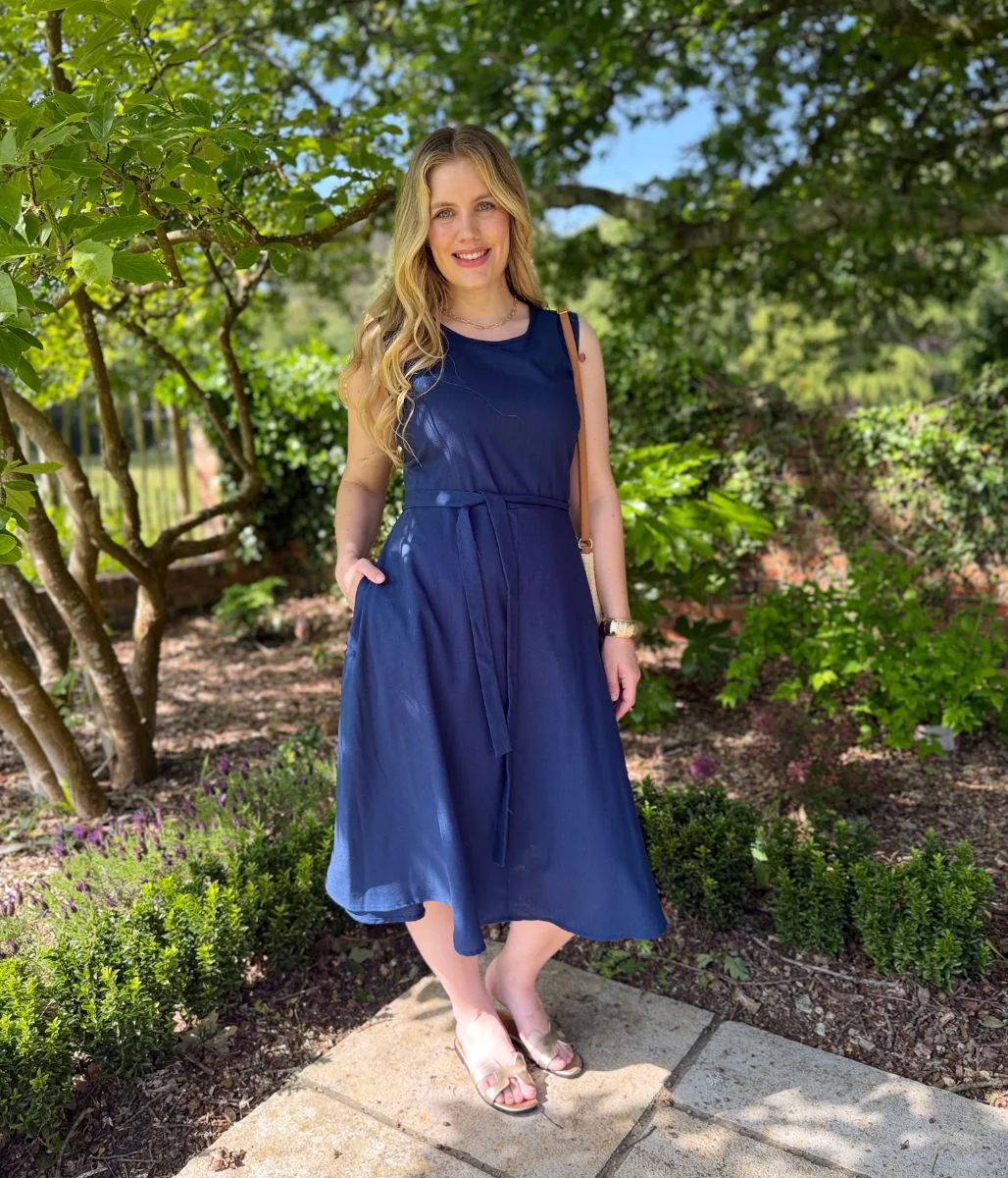 Navy Sleeveless Belted Linen Blend Midi Dress - Image 7