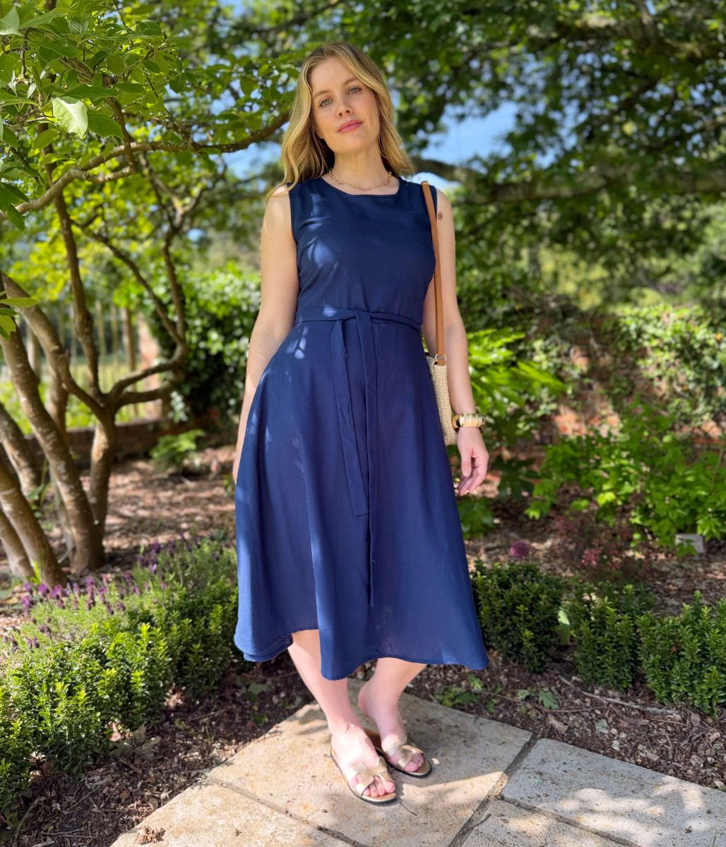 Navy Sleeveless Belted Linen Blend Midi Dress - Image 9