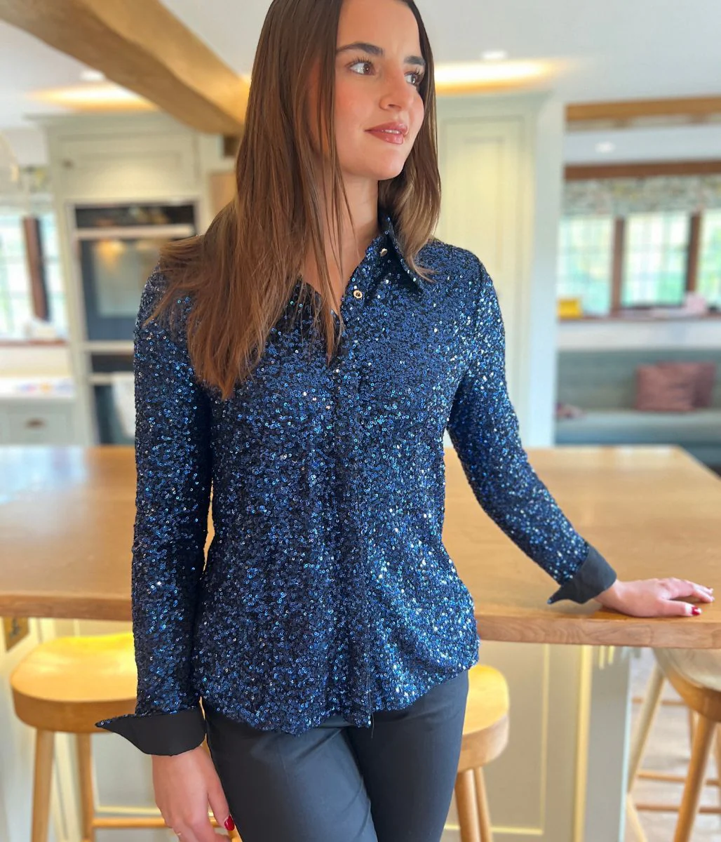 Navy Stretch Sequin Long Sleeve Shirt - Image 2