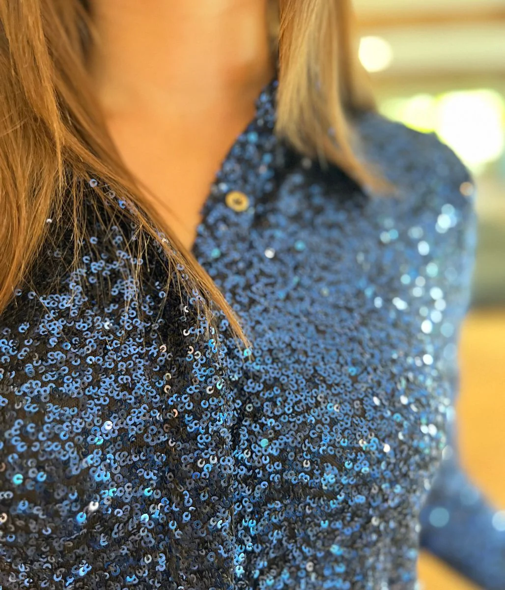 Navy Stretch Sequin Long Sleeve Shirt - Image 3