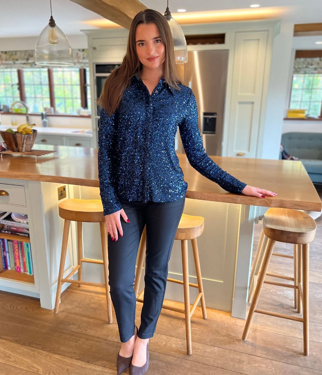 Navy Stretch Sequin Long Sleeve Shirt - Image 4