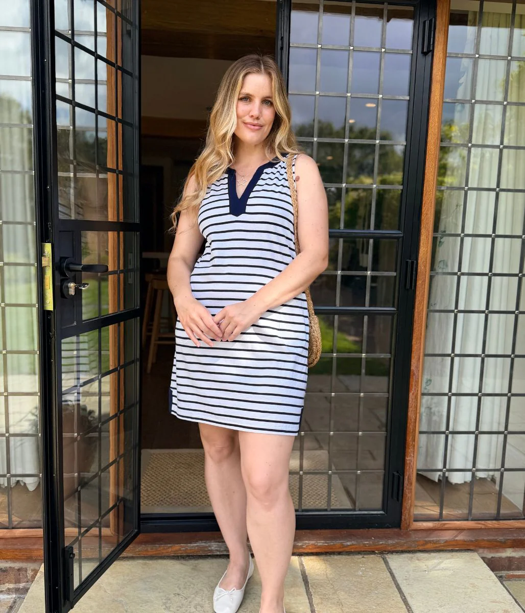Navy Stripe Jersey Notch Neck Dress - Image 2