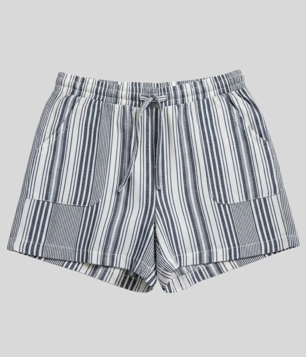 Navy Striped Linen Blend Shorts - Image 3