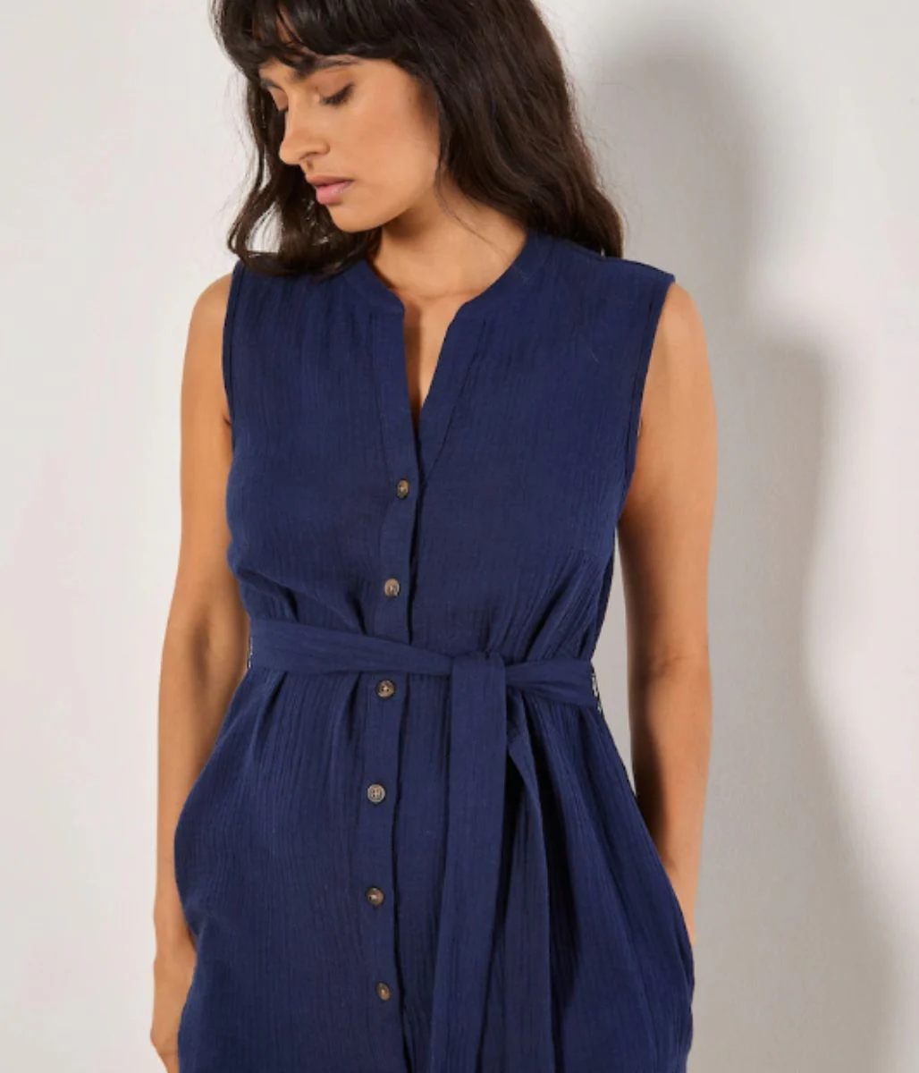 Navy Cotton Button Through Dress - Image 3