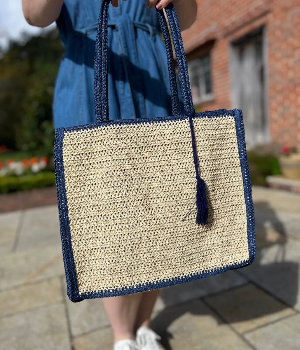 Navy Trim Raffia Tote Bag - Image 4