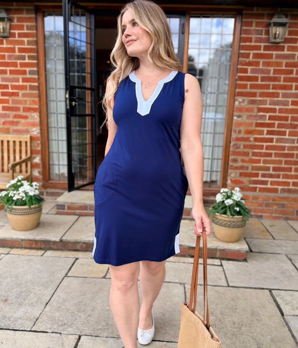 Navy White Trim Jersey Notch Neck Dress