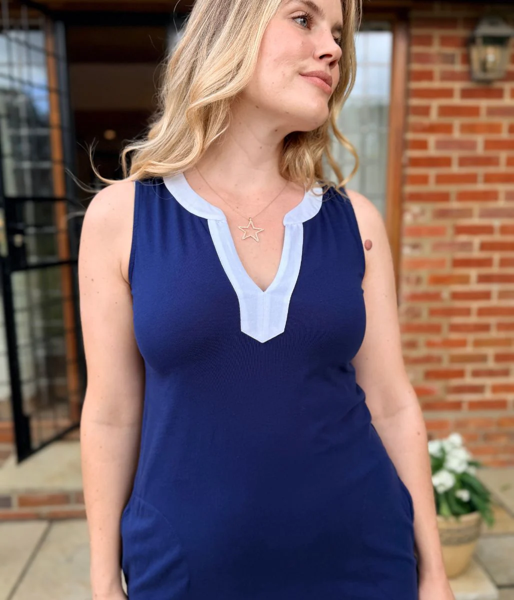 Navy White Trim Jersey Notch Neck Dress - Image 3