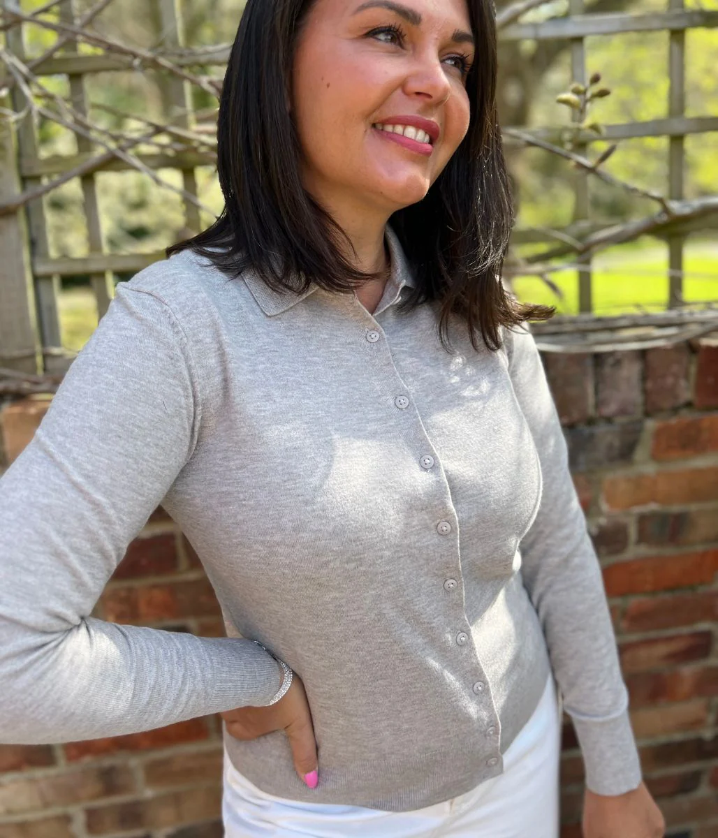 Oatmeal Collared Wool Blend Cardigan - Image 6