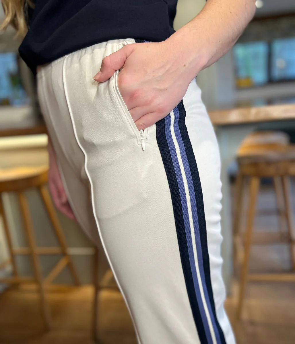 Off White Cotton Rich Retro Side Stripe Joggers - Image 4