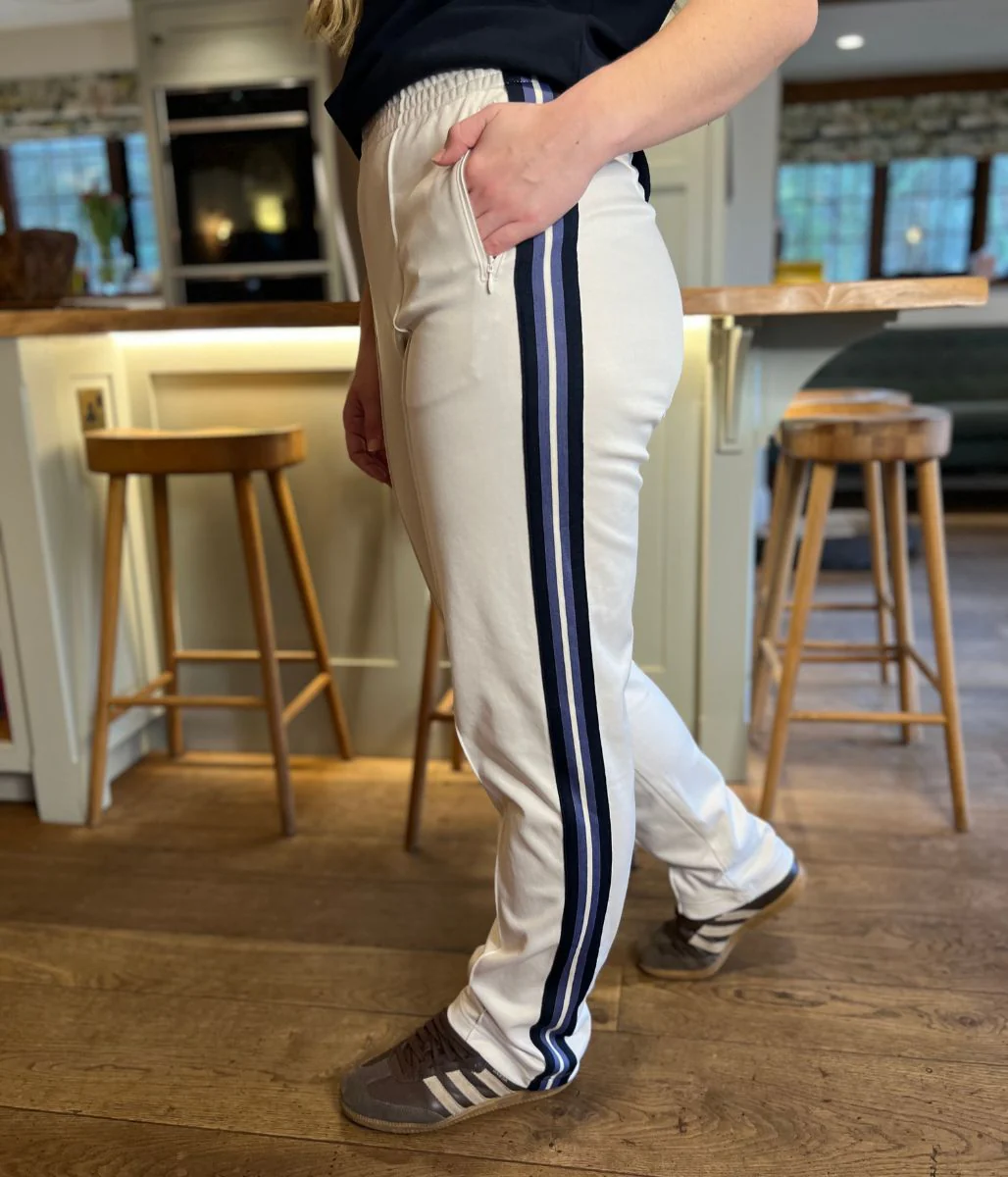 Off White Cotton Rich Retro Side Stripe Joggers - Image 5