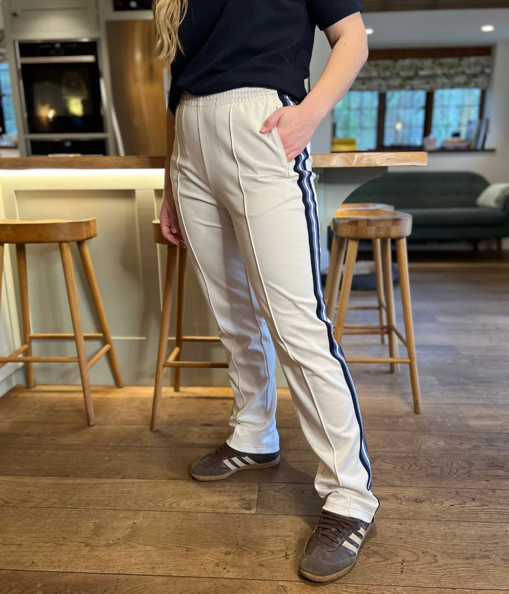 Off White Cotton Rich Retro Side Stripe Joggers - Image 6