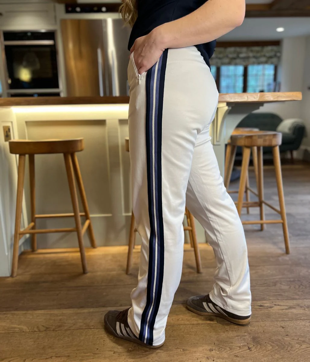 Off White Cotton Rich Retro Side Stripe Joggers - Image 8